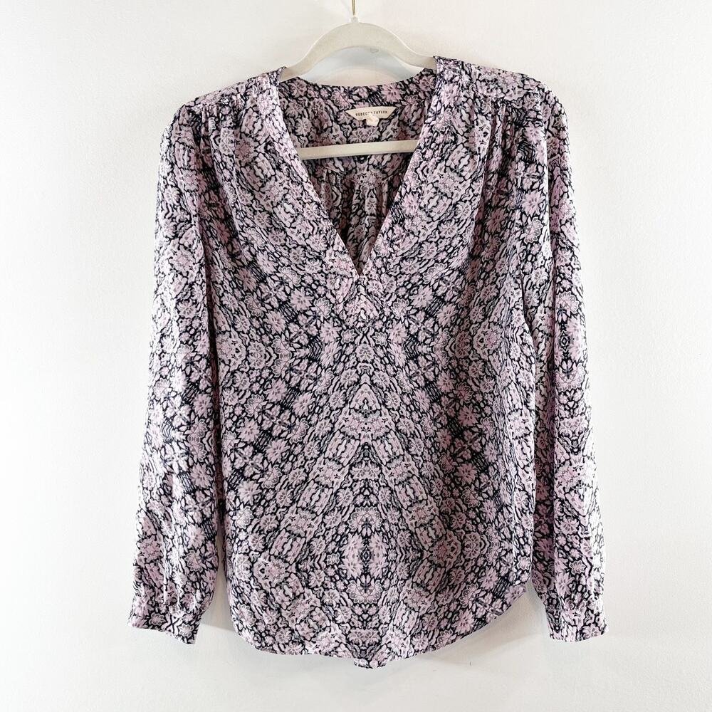 Rebecca Taylor Long Sleeve Printed V Neck Silk Blouse Top Pink Blue 4